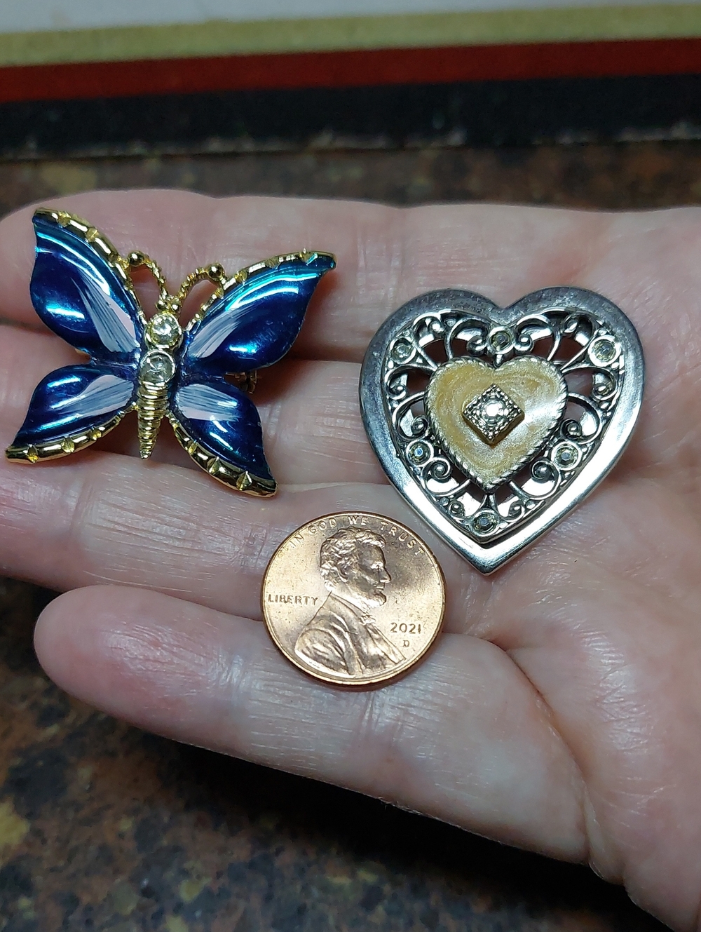 2fer- Blue Enamel Butterfly Pin Brooch -  Silver Enamel Rhinestone Heart